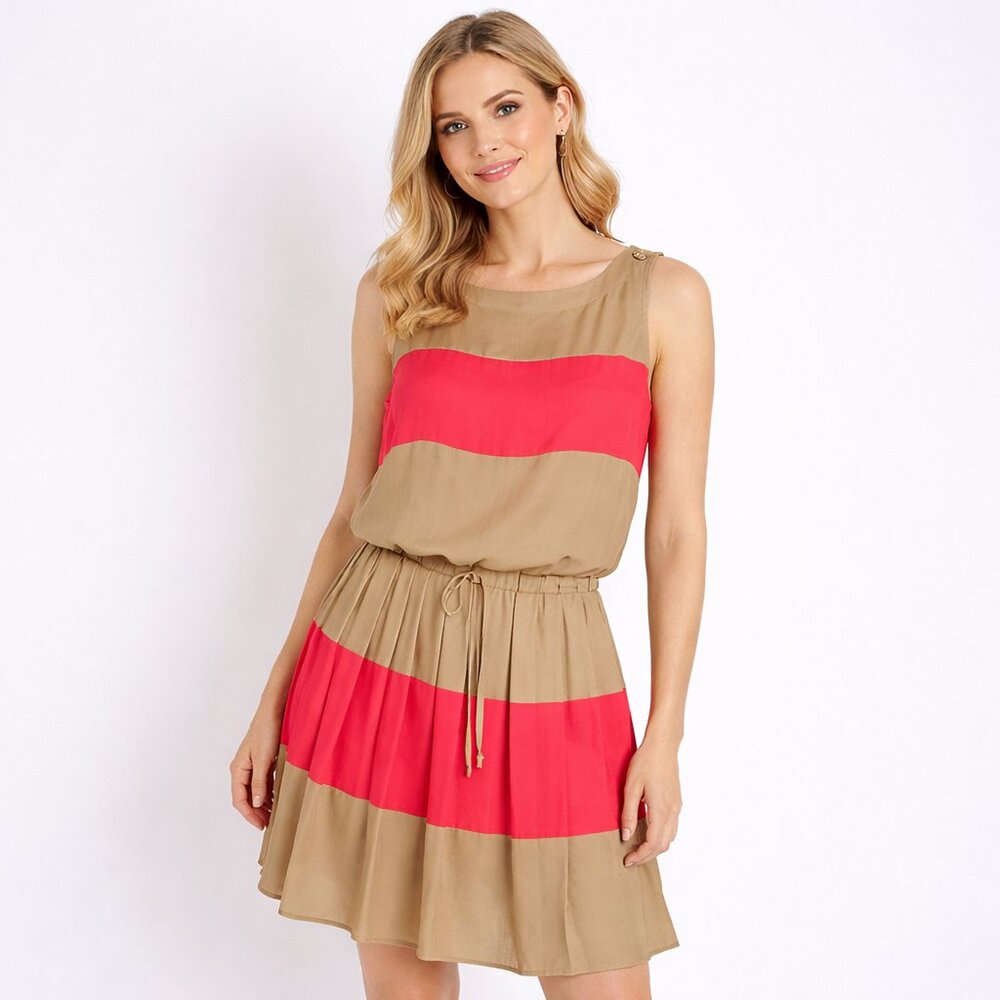 Cache Tan & Coral Color Block Striped Dress S